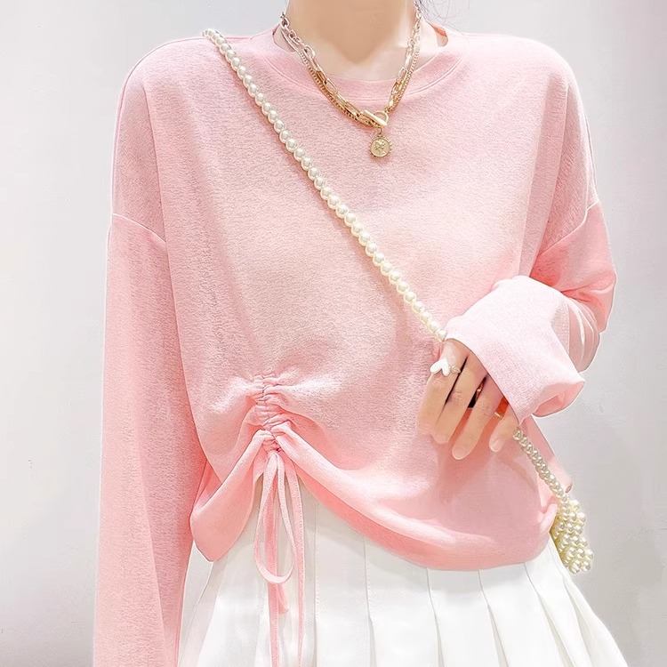 冰丝防晒长袖t恤女夏薄款抽绳圆领宽松胖mm大码200斤短款罩衫上衣