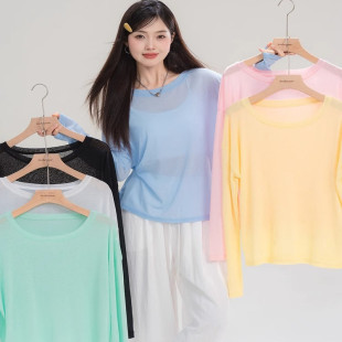 慵懒风空调上衣潮 200斤防晒罩衫 纯色圆领微透长袖 t恤女夏胖mm大码
