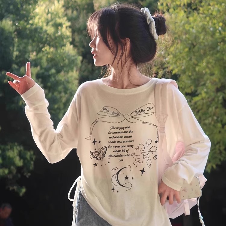 法式蝴蝶结印花防晒罩衫长袖T恤