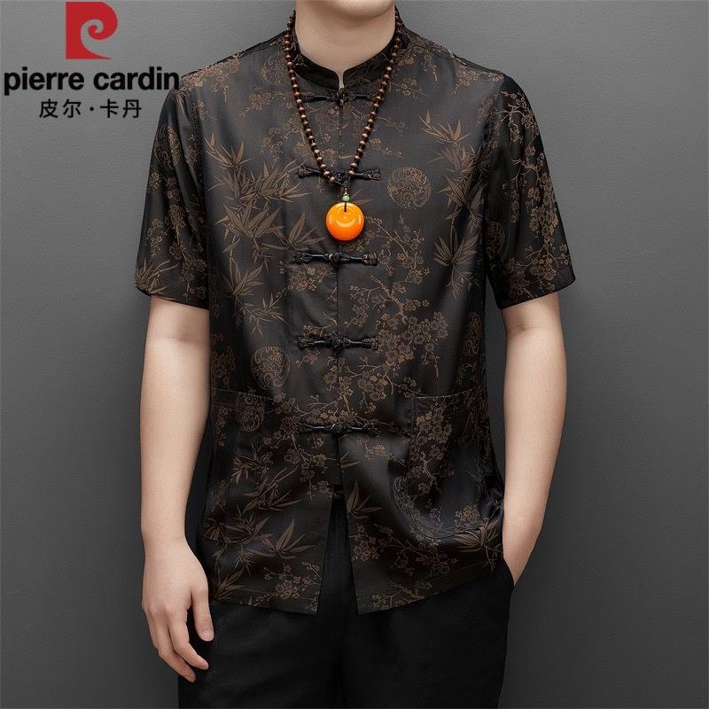 皮尔卡丹夏季男士冰丝唐装衬衫