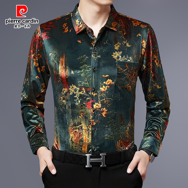 皮尔卡丹天丝印花衬衫长袖花衬衣