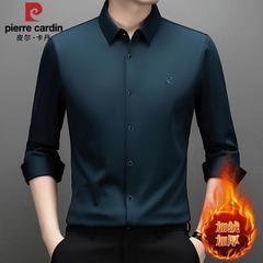 皮尔卡丹2025秋冬新款男士桑蚕丝长袖衬衫加绒加厚保暖衬衣打底衫