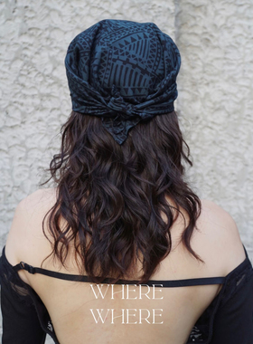 WhereWhere原创印尼手工蜡染布方巾头巾方巾-补丁系列-蓝灰色