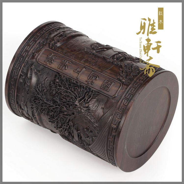 速发H清明上河图笔筒实木黑梓木雕古典木筒红画工艺品摆件文房四