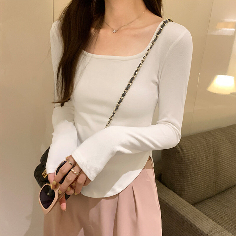 高货设计感小众方领长袖T恤女装潮韩国秋季2024新款显瘦百搭螺纹
