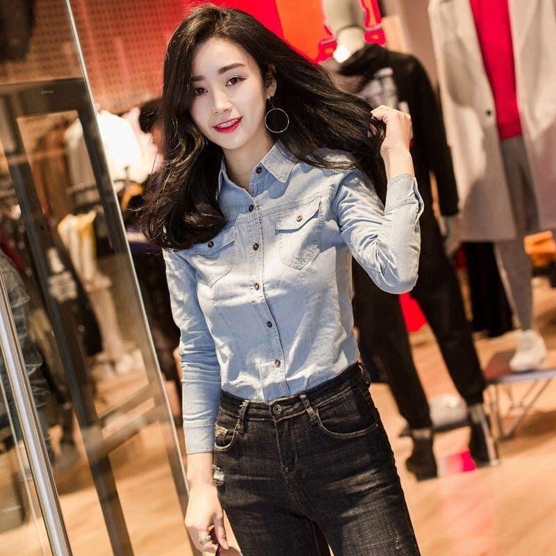 高货牛仔衬衣女长袖2024春秋新款早春秋衬衫韩范中长款打底衫修身