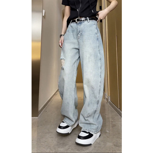速发浅美阔腿牛仔裤士春季破款梨形身材大码高腰宽松色式新洞直筒