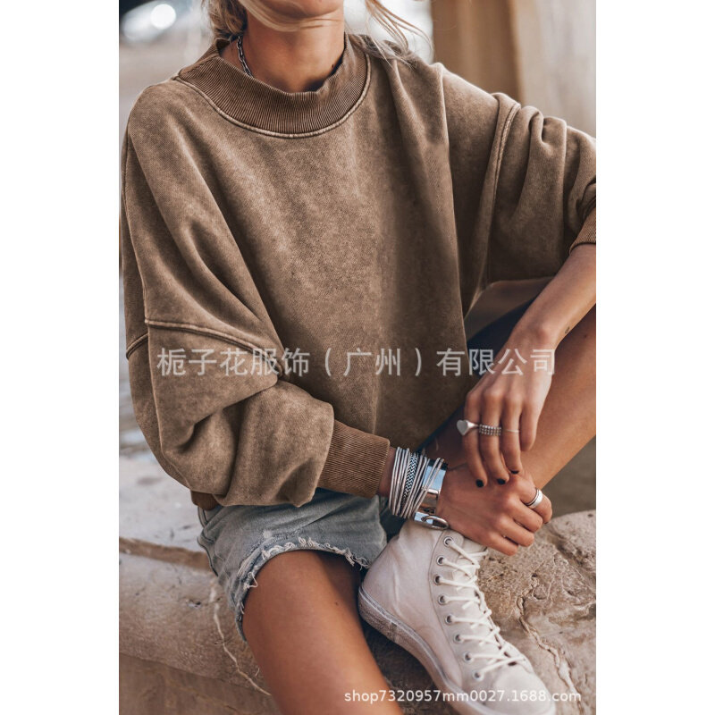 高货欧美女式卫衣秋季新款纯色卫衣休闲通勤宽松套头圆领长袖上衣