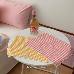 速发he摄h自制黄格纹餐磨餐巾粉格双层垫毛隔热垫拍t背景布