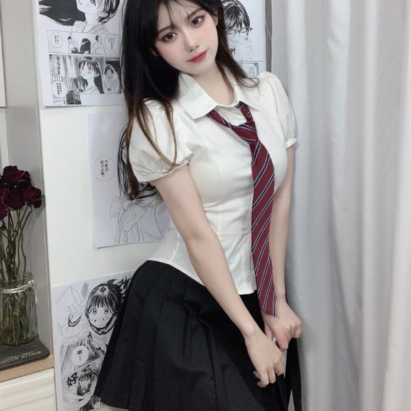 速发纯欲风辣妹收腰J服制泡衬衣百搭学生K泡袖白色上衣