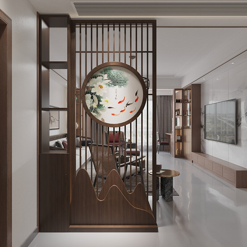 速发新中式客厅屏风隔断入户进门玄关实木镂空花格山形茶室原木屏