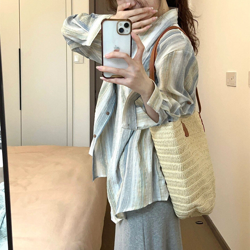 高货韩版气质修身吊带连衣裙+晕染水彩肌理感条纹防晒衬衫两件套2