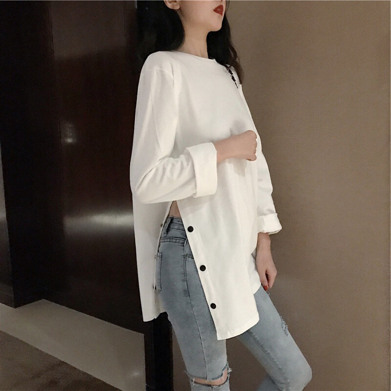 高货高货2024早秋新款秋衣开叉纽扣长袖t恤女上衣ins超火的小清新