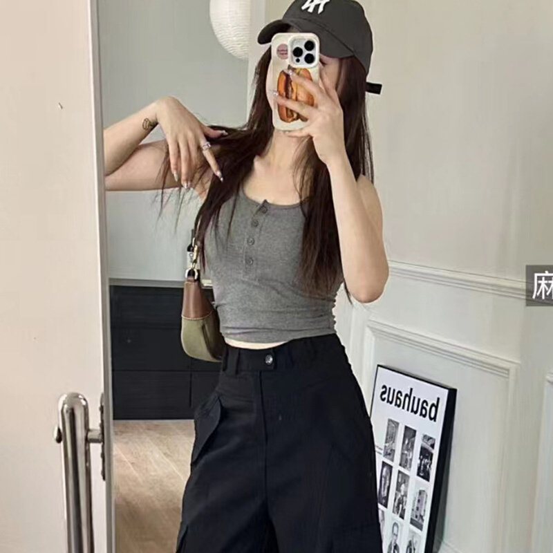 高货新款螺纹纽扣百搭背心女小吊带固定杯宽肩带内搭短款上衣修身