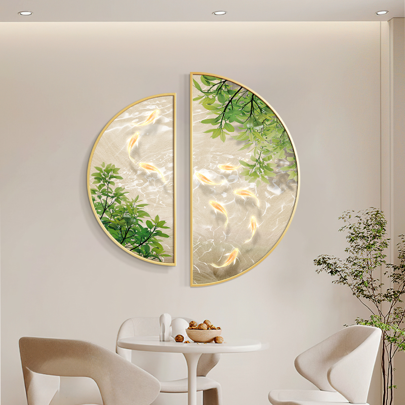速发奶油风九鱼图饭厅装饰画竹子玄关半圆形挂画绿植餐桌双联组合图片