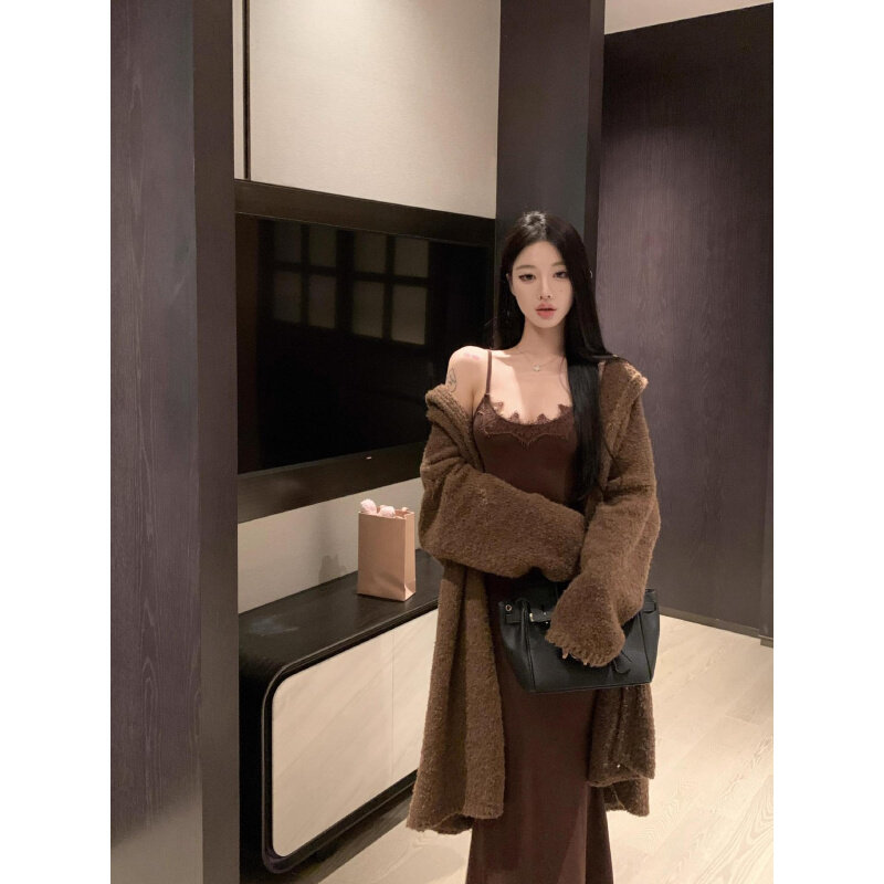 高货灰色慵懒风针织毛衣开衫女装秋季中长款大衣外套长袖宽松连帽