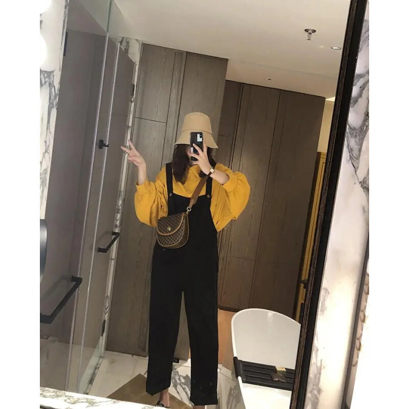高货女春秋休闲直筒连体裤女工装阔腿背带裤学生韩版衬衫宽松两件