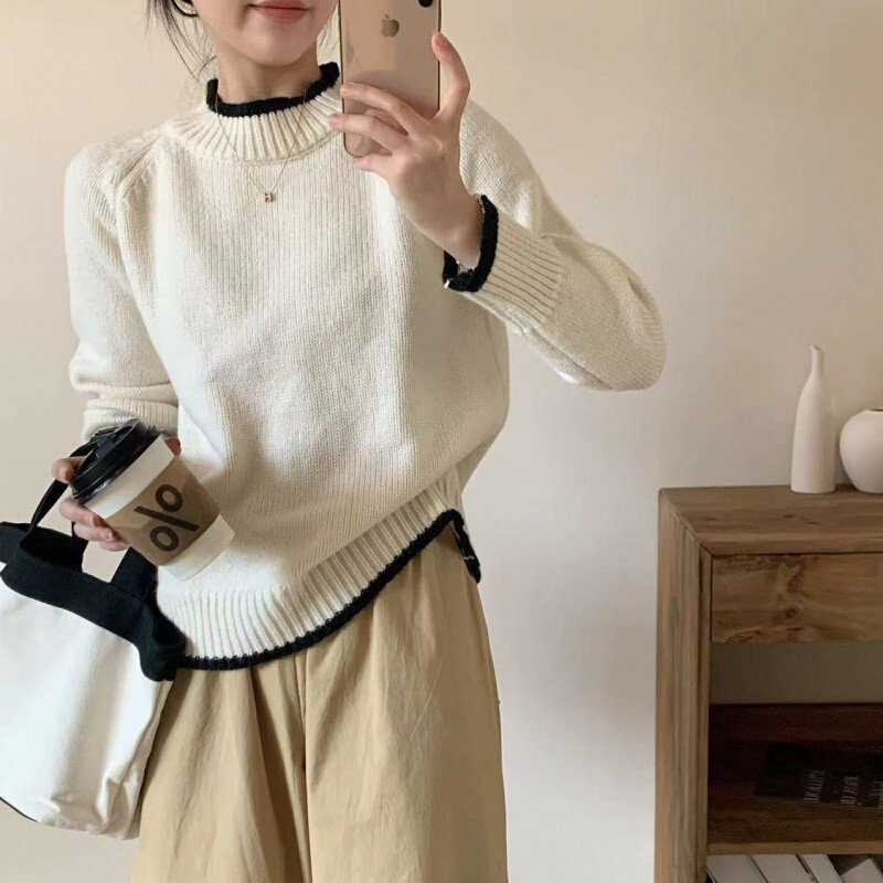 高货韩版秋季新款针织衫女圆领拼色套头毛衣外穿内搭宽松显瘦长袖