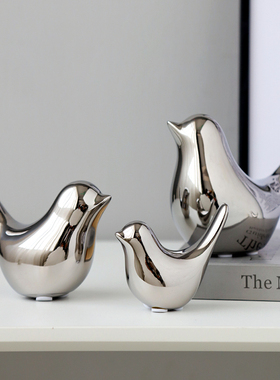 速发电镀银色件鸟奢瓷桌面摆小轻陶高档酒柜茶几迷你小装饰样板间