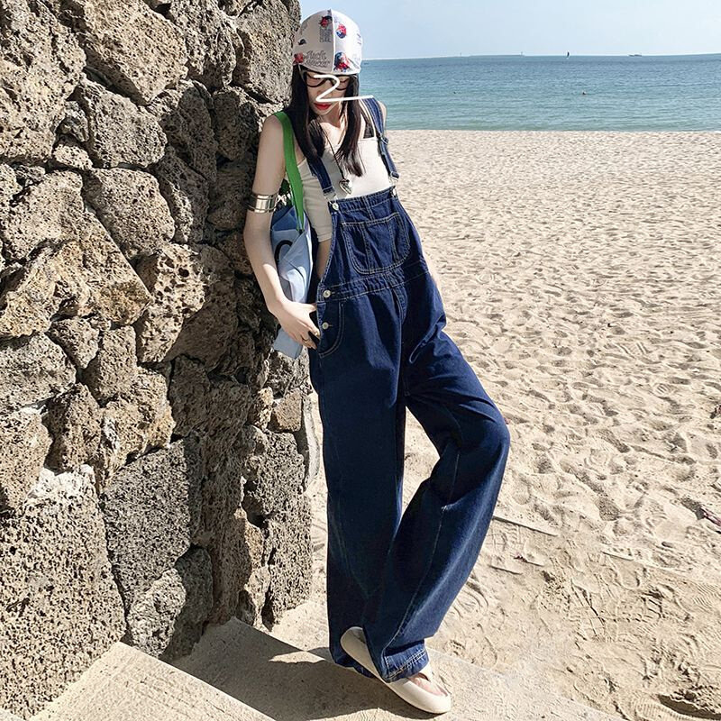 高货包邮品质!夏日海边爆款韩版显瘦宽松阔腿减龄拖地牛仔背带裤