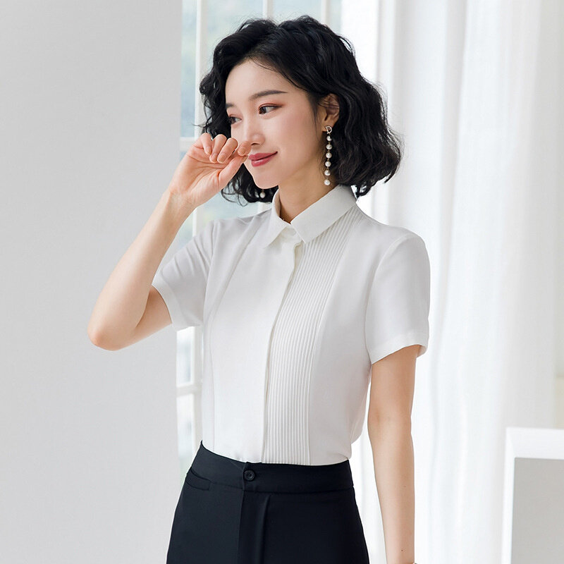 高货2024春夏季白色衬衫女短袖职业装薄款雪纺上衣设计感工装正装