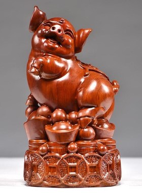 速发花梨实木二雕刻一对猪摆猪十质生肖动物件家居桌面装饰红木工