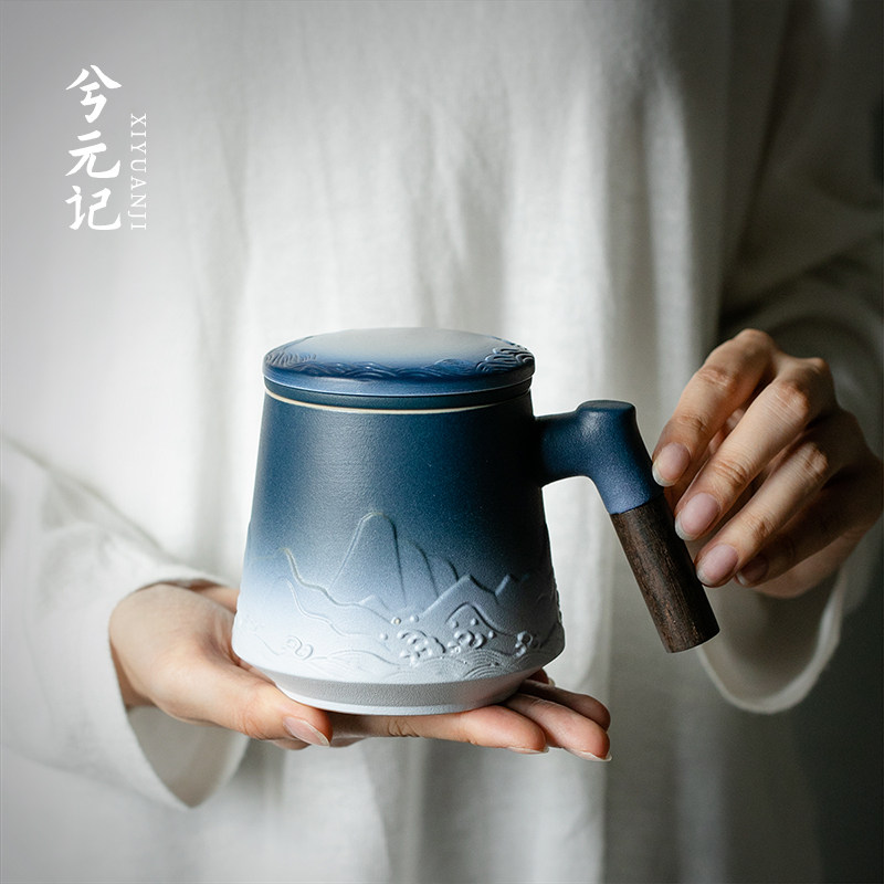 速发粗陶茶盖陶瓷过滤泡茶杯马室杯茶水分离杯办公克带杯个人