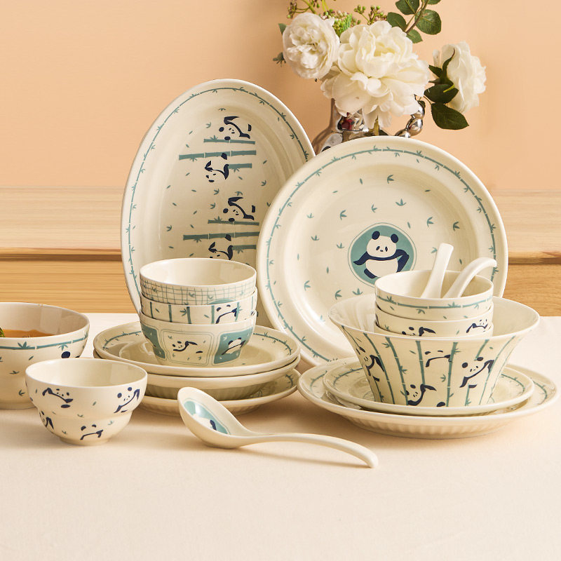 速发优格熊陶具瓷碗盘碗碟套装家用碗筷盘子碗猫乔迁新婚礼物餐具