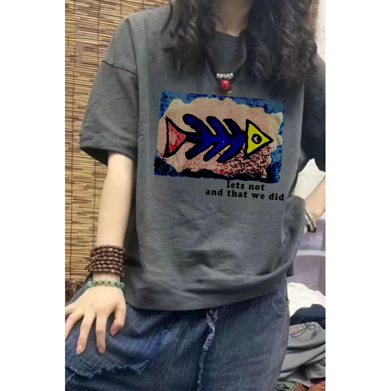 高货2024文艺印花简约卡通T恤女短袖夏季新款百搭宽松显瘦上衣服i