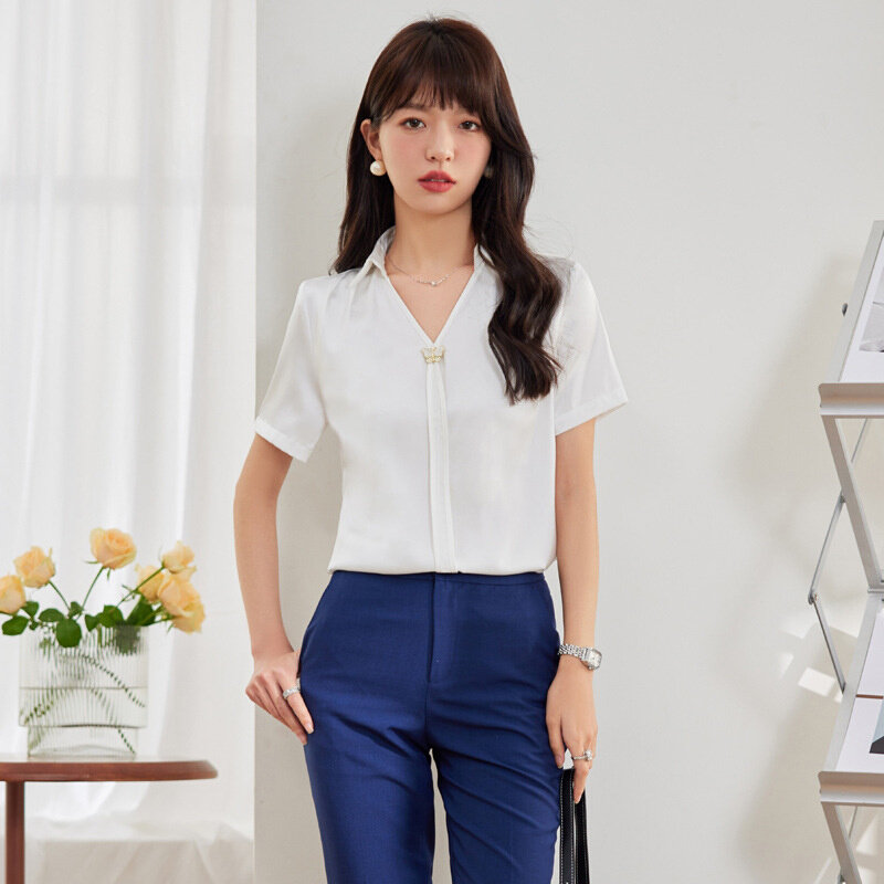 高货2024夏季短袖时尚V领雪纺衬衫女设计感新款职业装女士白衬衣