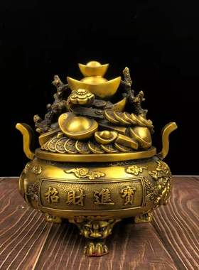 速发纯铜聚宝四香炉摆件盆方金钱龙凤存蟾罐储存钱罐办公室桌面装