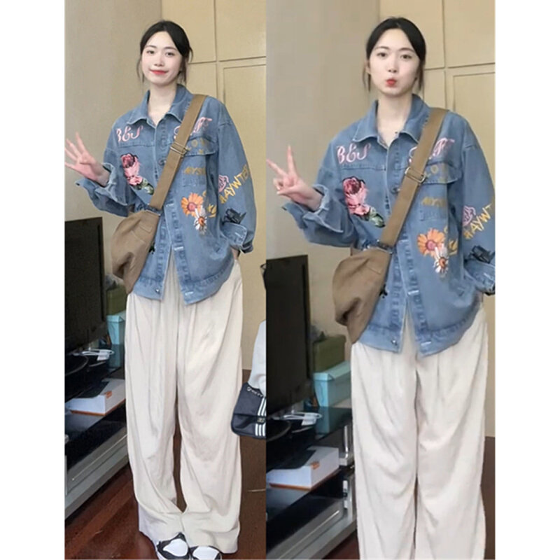 高货2024秋季新款韩版宽松休闲牛仔外套女花卉印花水洗气质百搭夹