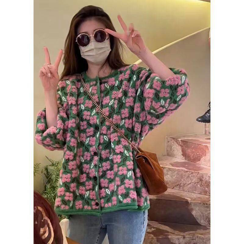 高货大码胖mm花朵复古慵懒风提花开衫女2024春季新款宽松毛衣百搭