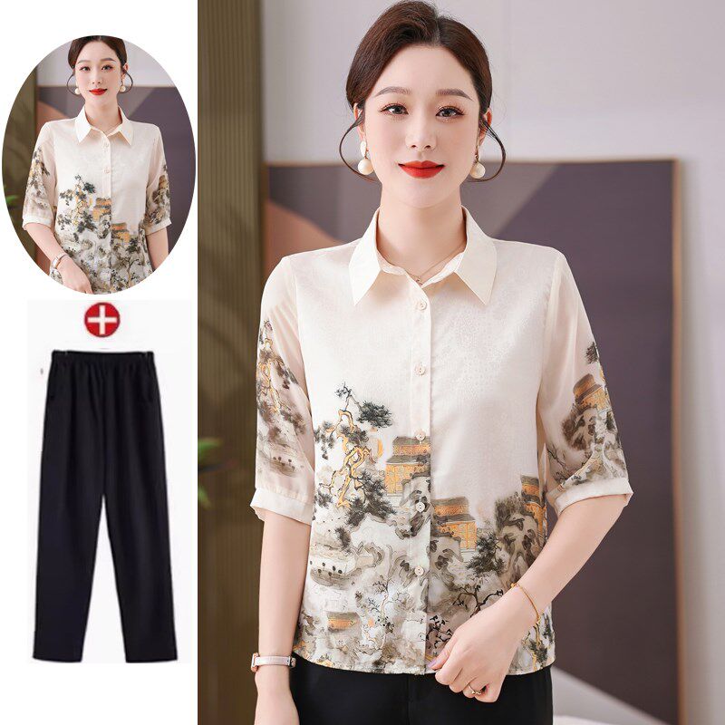 速发杭州真丝妈妈夏季气款中袖中老年装套新高贵上衣洋装