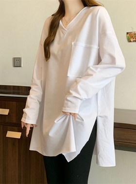 速发白色V领正肩长袖T恤规秋早码不大则中长款打底内搭上衣