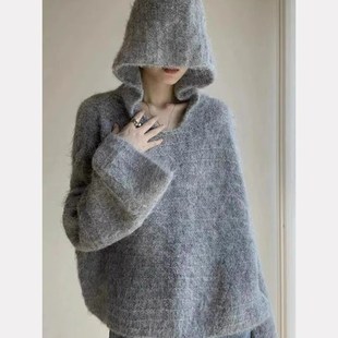 速发慵设风灰色连帽懒袖毛衣款2025新款长计感气质独特别致上衣
