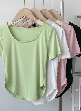 速发方领莫代尔质感圆弧下摆T恤绿色舞蹈服美式短款瑜伽上衣