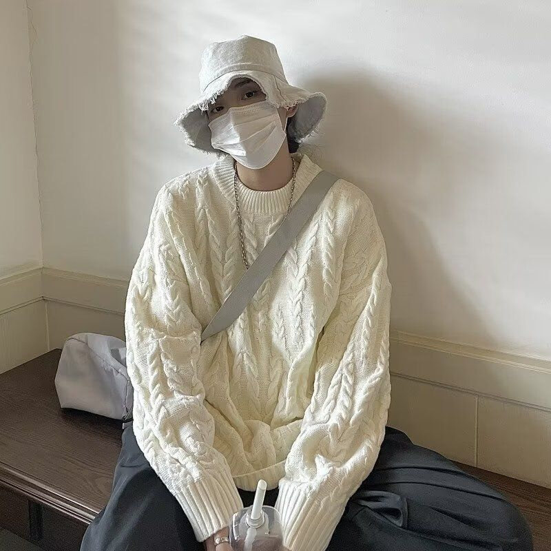 高货日系麻花宽松毛衣外穿男女情侣韩版设计慵懒风港风圆领针织外