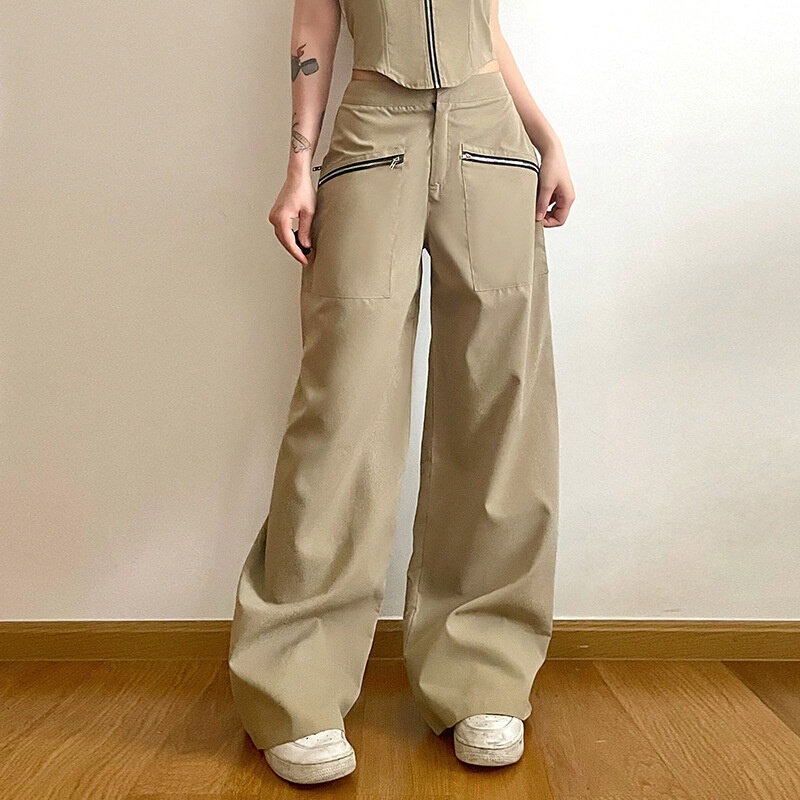 高货工装风街头辣妹时尚套装一字肩抹胸修身拉链背心高腰宽松直筒