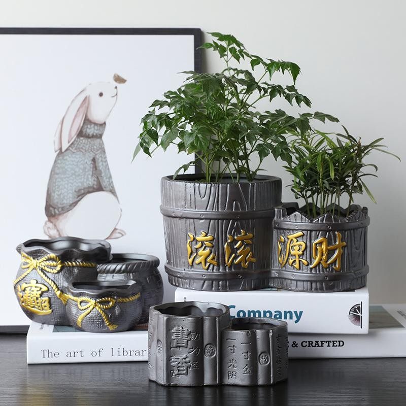 速发紫砂双口花盆发财树文竹小风植袋多口搭配中国绿个性连体福物