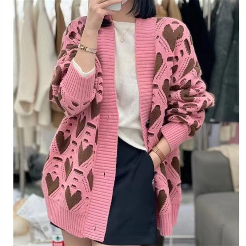 速发欧美风毛衣女春季新款宽松慵懒风爱心韩版拼色镂空针织衫女上