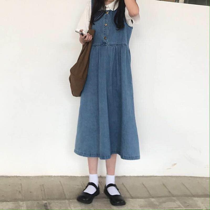 速发女大童10-19岁初高中女学生夏季牛仔背带裙搭短袖衬衫中长连