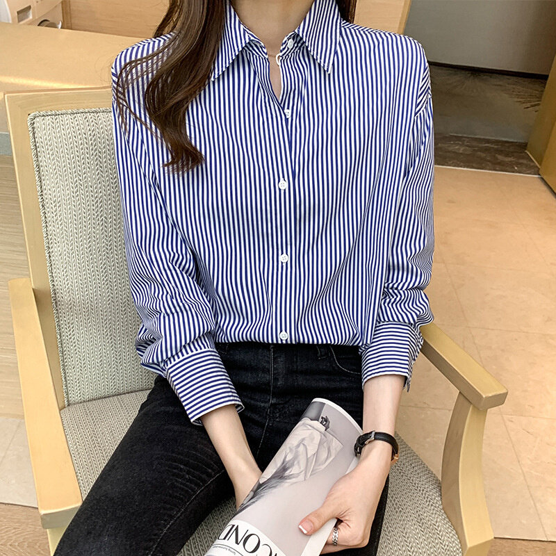 高货现货2024春季新款条纹衬衫女设计感小众职业长袖衬衣叠穿百搭