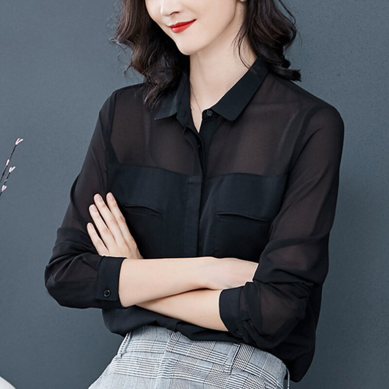 高货黑色衬衫女设计感小众2024早秋防晒宽松洋气长袖雪纺衬衣网纱