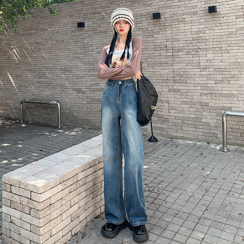 高货2024夏季新款宽松修身高腰简约复古蓝阔腿裤拖地牛仔裤女