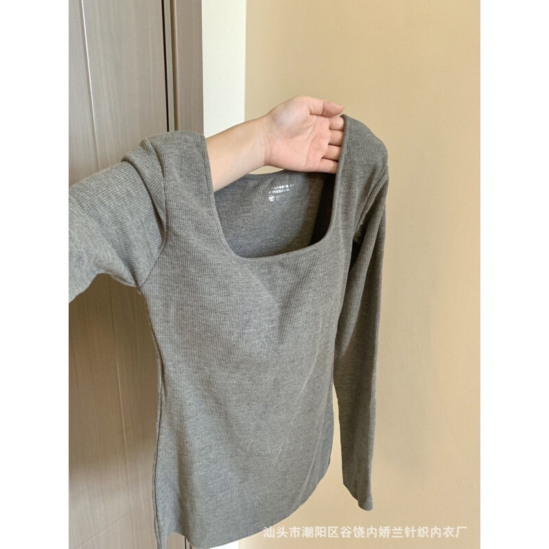 高货一穿爱上!露锁骨又欲又甜方领长袖t恤女早秋带胸垫修身显瘦打