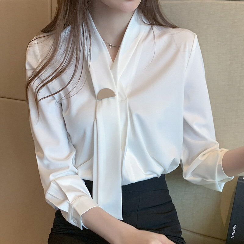 高货2024秋新款衬衫女设计感小众法式领结长袖衬衣缎面办公通勤女