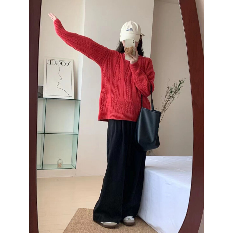高货2024秋季新款慵懒风圆领纯色毛衣女宽松软糯外穿麻花针织套头