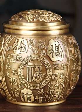 现货速发铜百福茶叶罐摆件龙凤茶叶罐百福铜米缸罐五牛带盖铜缸摆