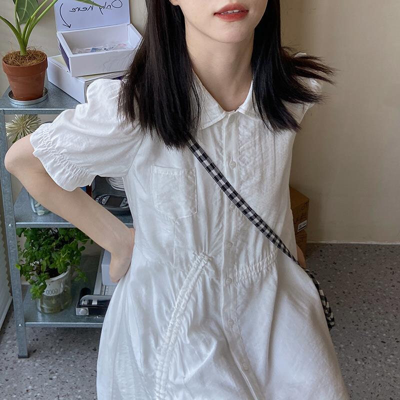 高货奶兔-自制 日系翻领排扣抽绳连衣裙设计感收腰显瘦花边泡泡袖